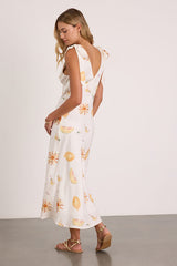 Malta White Multi Print Tie-Strap Midi Dress