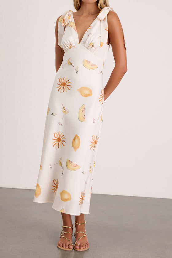Malta White Multi Print Tie-Strap Midi Dress