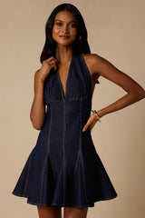 Keira Dark Wash Denim Halter Mini Dress