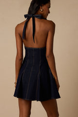 Keira Dark Wash Denim Halter Mini Dress