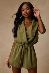 Ira Olive Green Collared Drawstring Romper