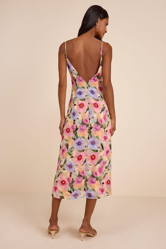 Jovany Pink Multi Floral Jacquard Slip Midi Dress