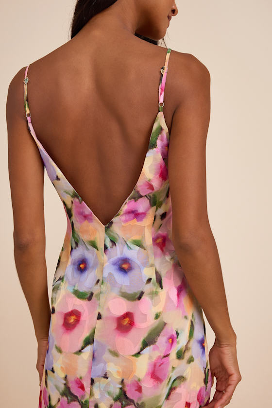 Jovany Pink Multi Floral Jacquard Slip Midi Dress