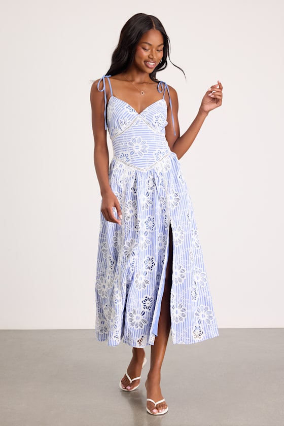 Shilah Blue Striped Floral Tie-Strap Midi Dress