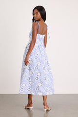 Shilah Blue Striped Floral Tie-Strap Midi Dress
