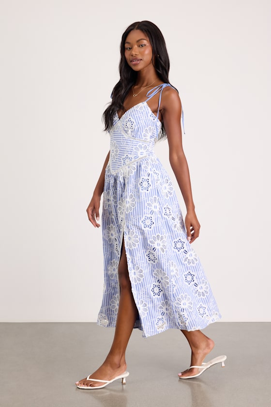 Shilah Blue Striped Floral Tie-Strap Midi Dress