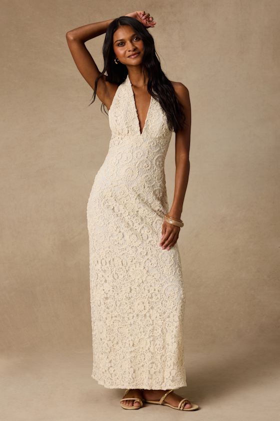 Rayanna Cream Crochet Halter Maxi Dress