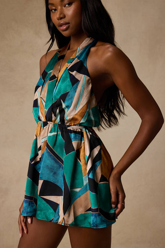 Demma Teal Multi Abstract Satin Romper