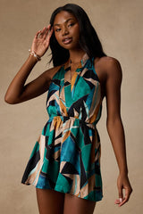 Demma Teal Multi Abstract Satin Romper