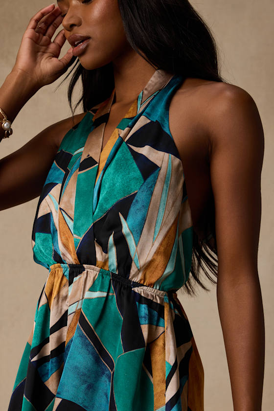 Demma Teal Multi Abstract Satin Romper