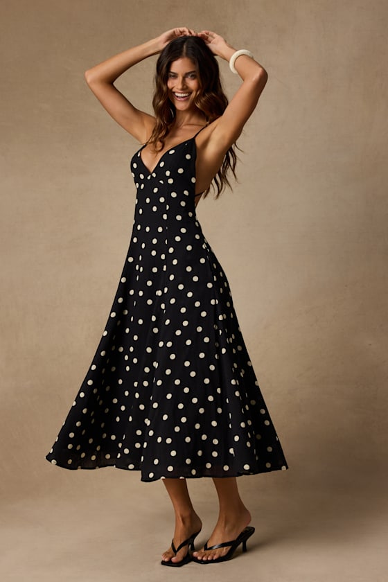 Oraya Black Polka Dot Tie-Back Midi Dress