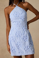 Marlina Light Blue Striped Floral Halter Mini Dress