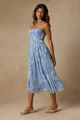 Dimitra Light Blue Paisley Print Halter Midi Dress