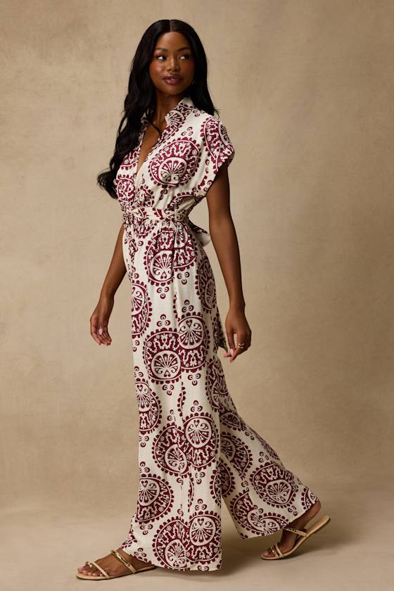 Dolla White and Magenta Boho Print Wide-Leg Jumpsuit