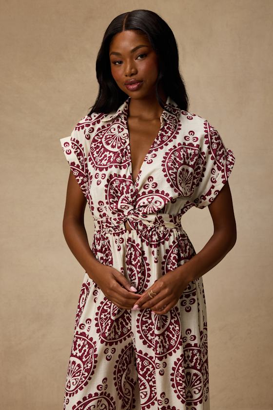 Dolla White and Magenta Boho Print Wide-Leg Jumpsuit