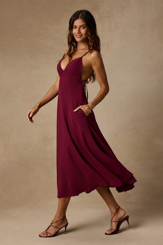 Oraya Berry Red Tie-Back Midi Dress