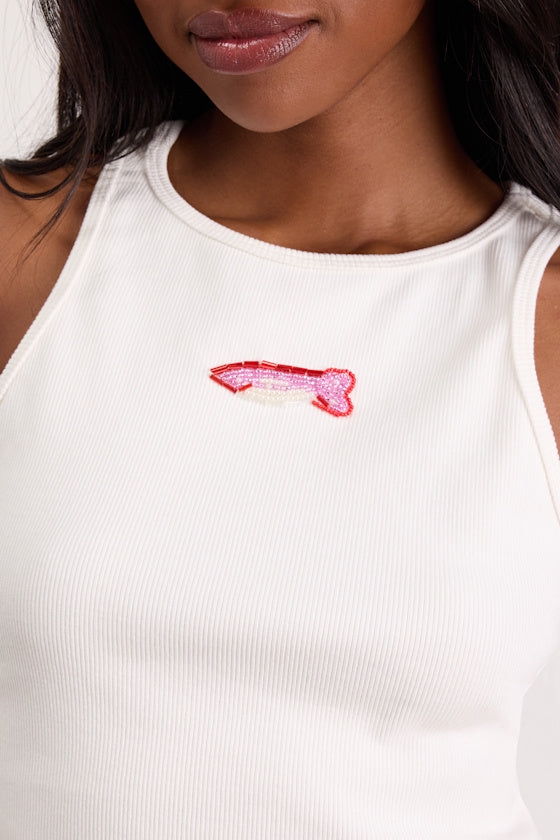 Going Swimmingly White Beaded Graphic Tank Top