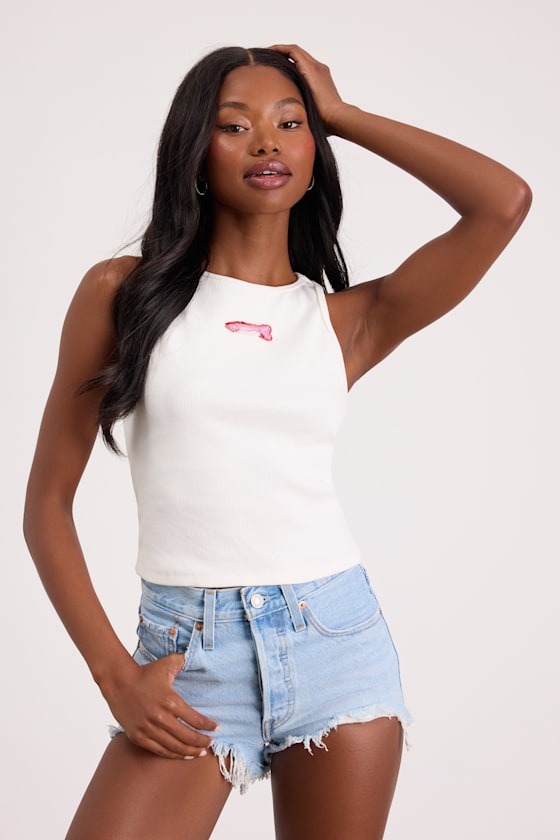 Going Swimmingly White Beaded Graphic Tank Top
