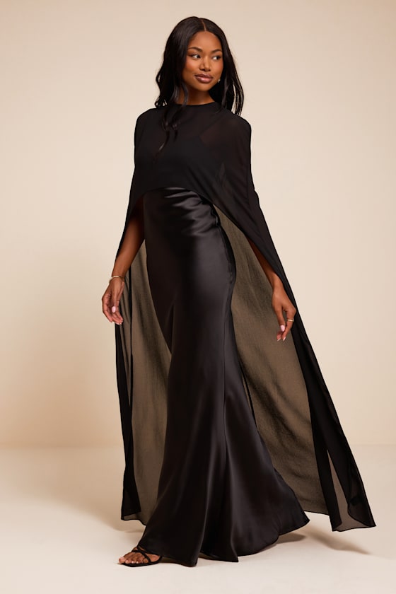 Cavana Black Satin Cape Maxi Dress