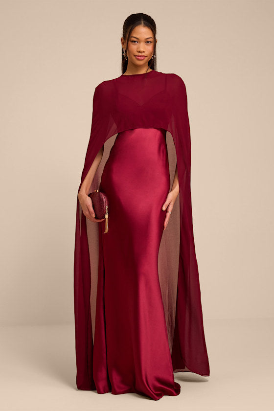 Cavana Burgundy Satin Cape Maxi Dress
