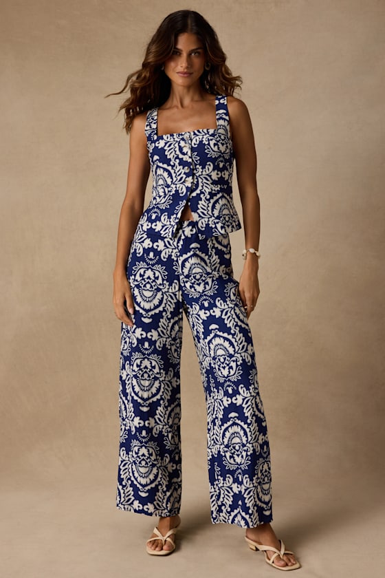 Caliana Blue and Ivory Boho Print Button-Up Top