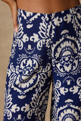 Caliana Blue and Ivory Boho Print Wide-Leg Pants