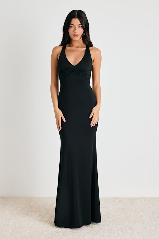 Cazy Black Jersey Knit Twist-Front Maxi Dress