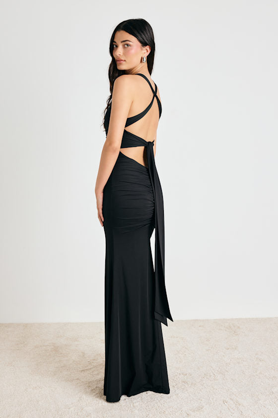 Cazy Black Jersey Knit Twist-Front Maxi Dress