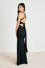 Cazy Black Jersey Knit Twist-Front Maxi Dress