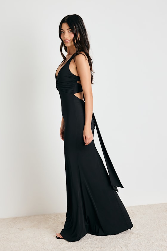 Cazy Black Jersey Knit Twist-Front Maxi Dress