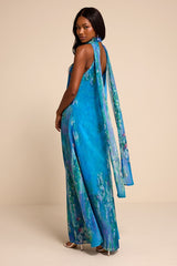 Calixta Blue Abstract Chiffon Sash Shift Maxi Dress