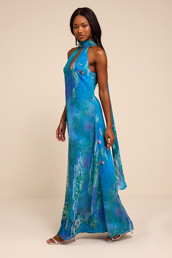 Calixta Blue Abstract Chiffon Sash Shift Maxi Dress