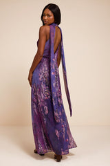Calixta Purple Abstract Chiffon Sash Shift Maxi Dress