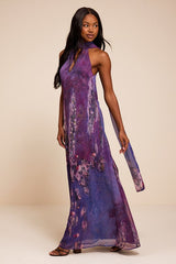 Calixta Purple Abstract Chiffon Sash Shift Maxi Dress