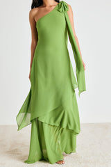Camellia Bright Green One-Shoulder Bow Maxi Dress