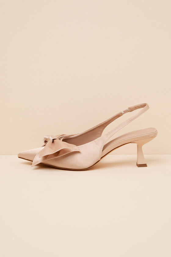 Tiersa Beige Satin Bow Slingback Kitten Heel Pumps