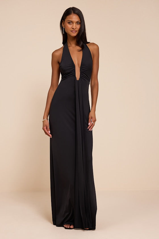 Dorena Black Jersey Knit Halter Sash Maxi Dress