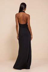 Dorena Black Jersey Knit Halter Sash Maxi Dress