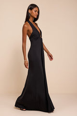 Dorena Black Jersey Knit Halter Sash Maxi Dress