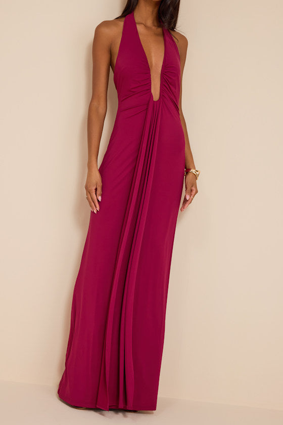 Dorena Berry Red Jersey Knit Halter Sash Maxi Dress