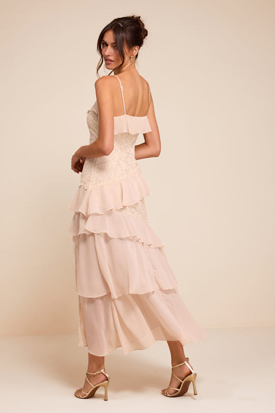 Shay Cream Tiered Lace Midi Dress