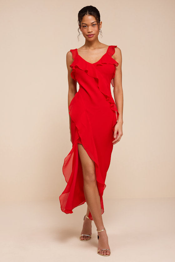 Remmy Red Ruffled Slip Midi Dress