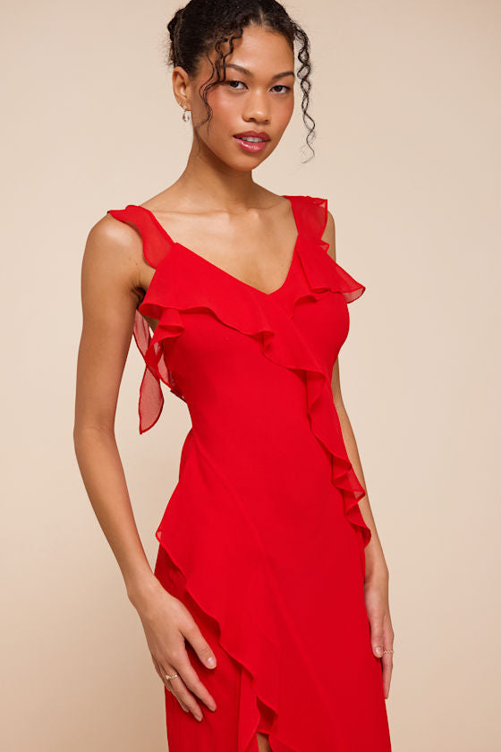 Remmy Red Ruffled Slip Midi Dress