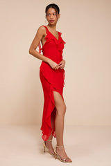 Remmy Red Ruffled Slip Midi Dress