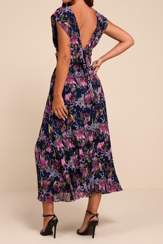 Taylen Navy Multi Floral Plisse Midi Dress