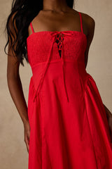 Laylie Red Poplin Lace-Up Midi Dress