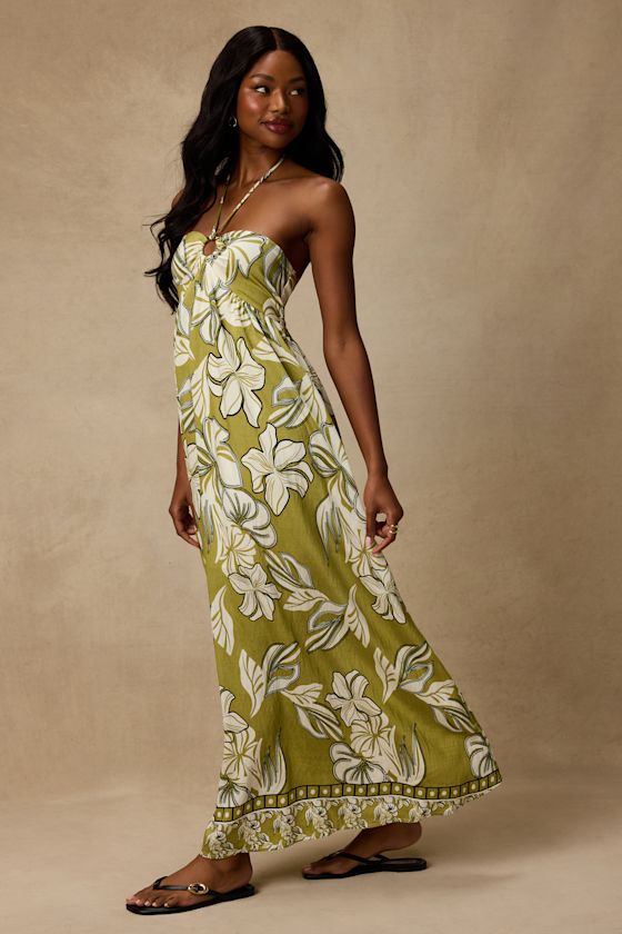 Cheri Light Green Floral Halter Midi Dress