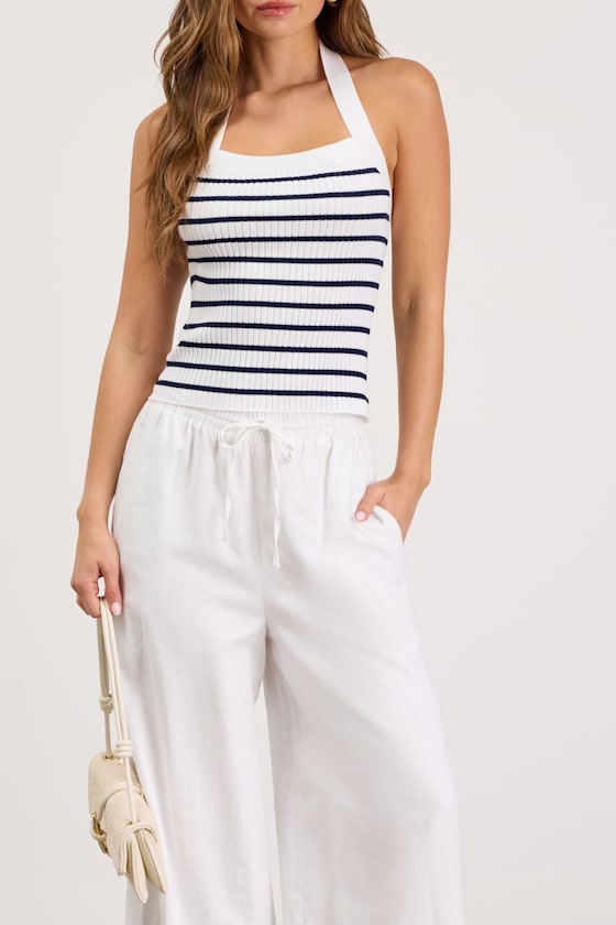 Gisella White Striped Ribbed Knit Halter Top