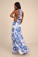 Eloria White and Blue Floral Halter Maxi Dress