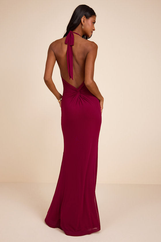 Adriel Berry Red Mesh Halter Mermaid Maxi Dress